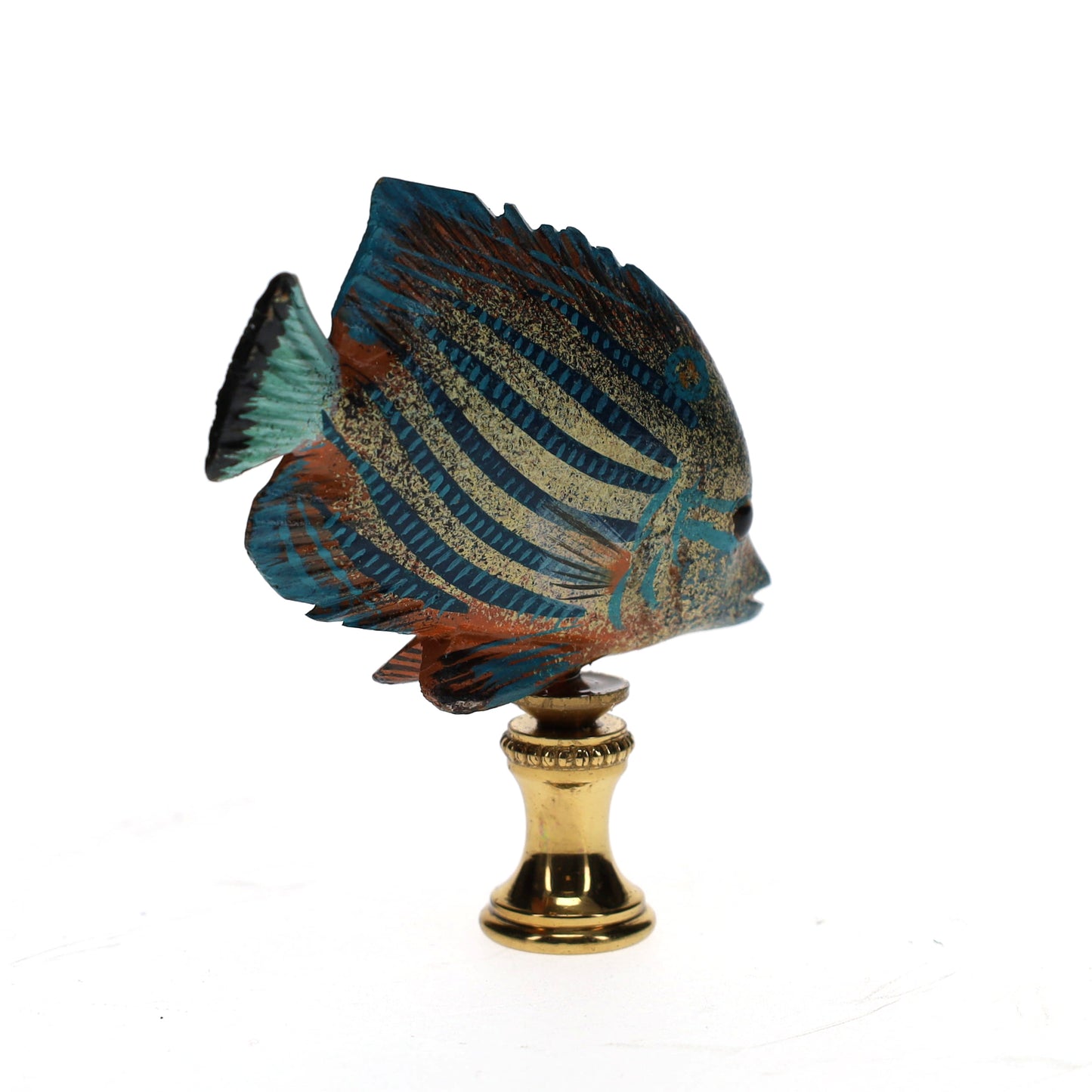 3" Tall Brass Finial Tropical Fish Blue Stripes, Ivory, Brown, Tan 1/4-27F Tap (15108)