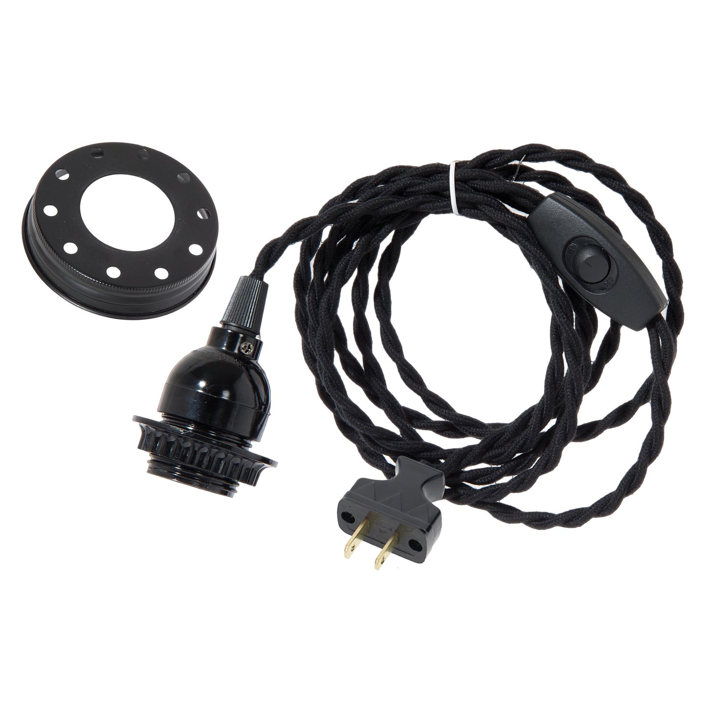 15 Ft Long Twisted Fabric Cord, Black Mason Jar Top Swag Lamp Mounting Kit (30561)
