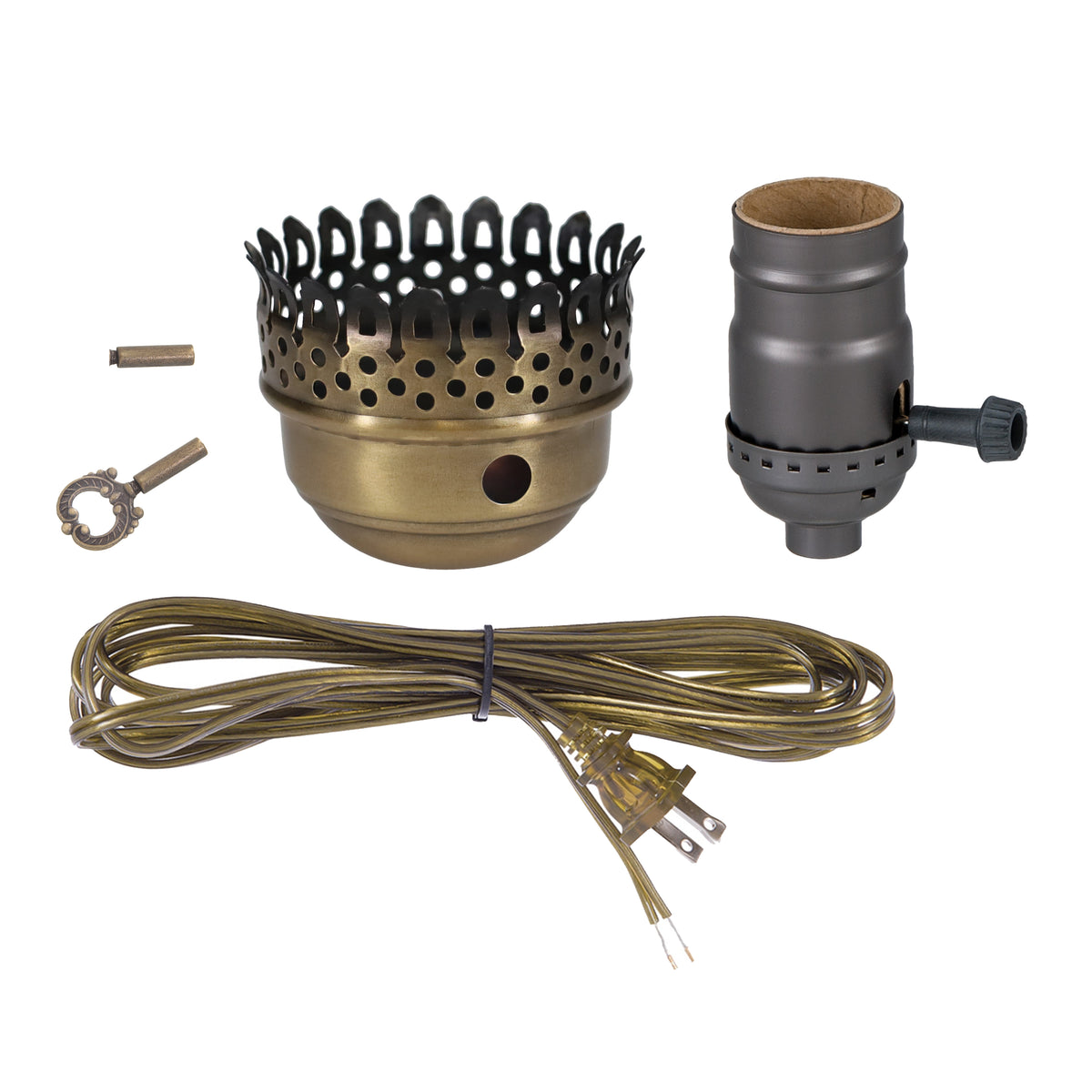 Lamp Wiring Kit with Antique Brass 3" Gallery, Turn Knob, 8' Lamp Cord (30593A)