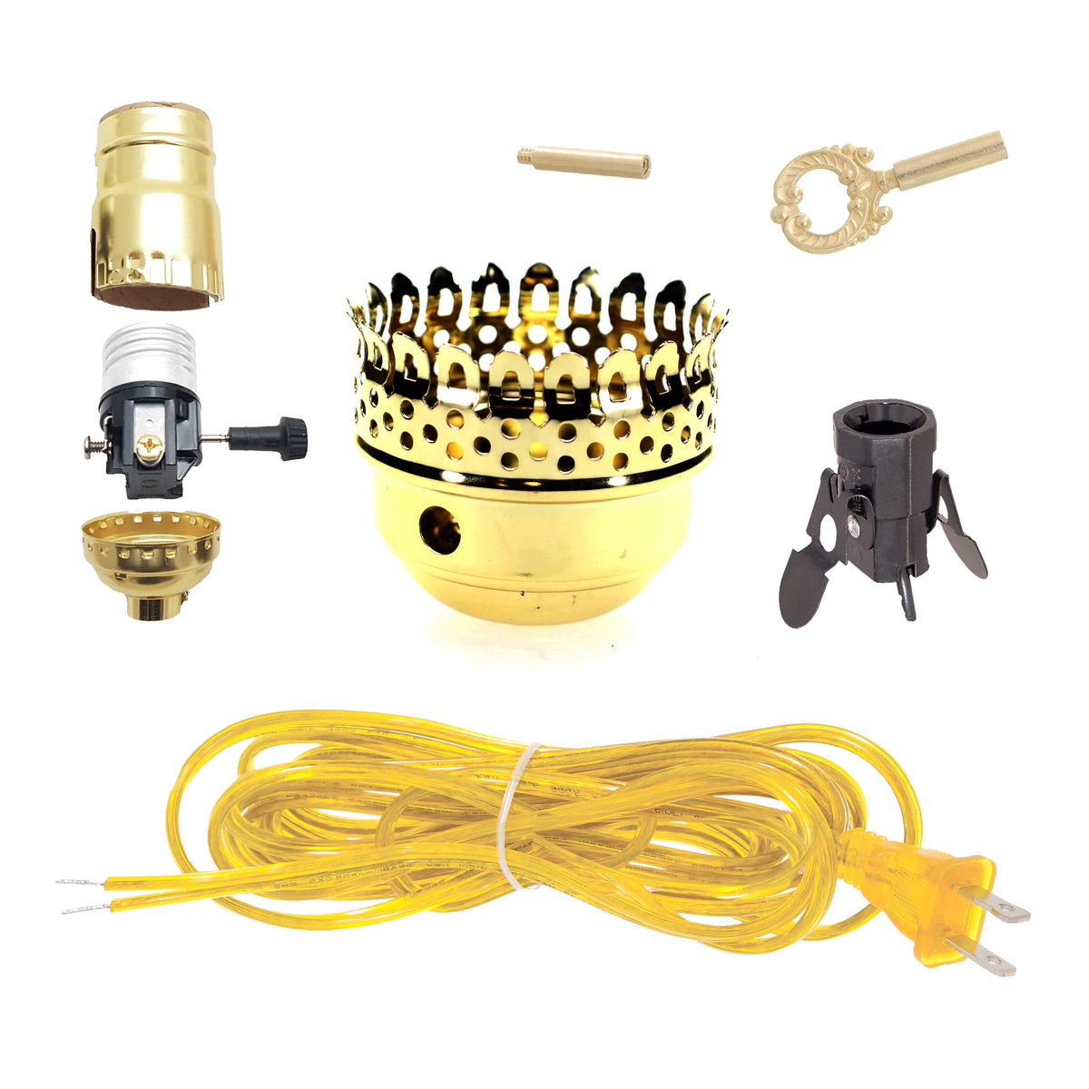 Lamp Wiring Kit with Brass 3" Gallery, 3-Terminal Turn Knob, 8' Lamp Cord (30595G)