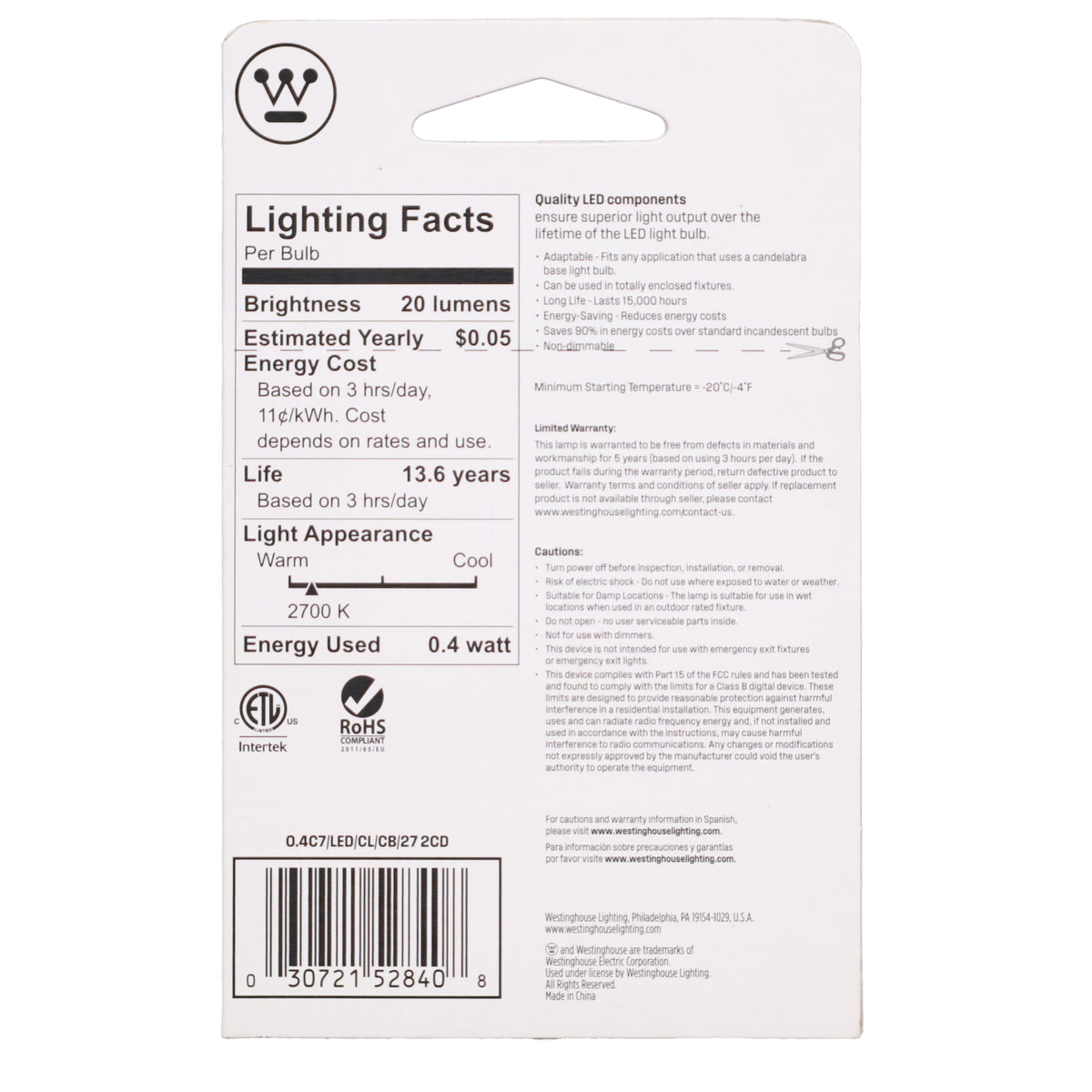 2-Pack E12 Base LED Light Bulbs, 0.4 Watt, 4 Watt Equivalent (47300)