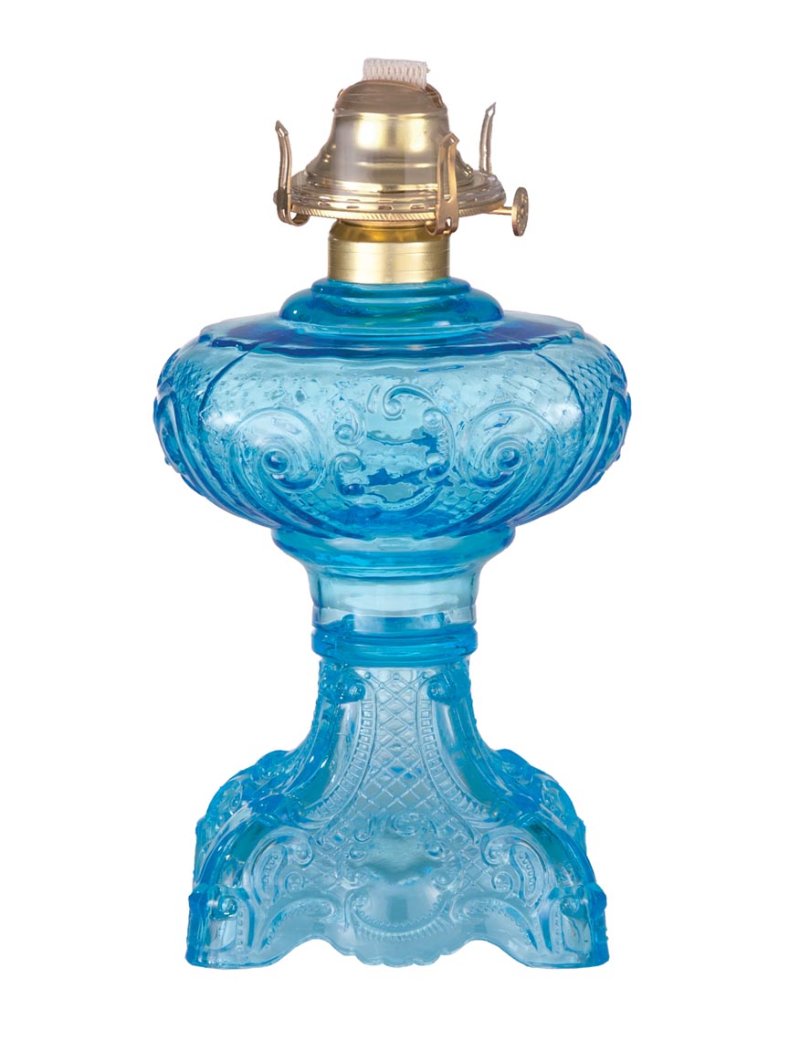 Light Blue Glass "Princess Feather" Oil Lamp Font w/High Quality Brass Burner (67500WB)
