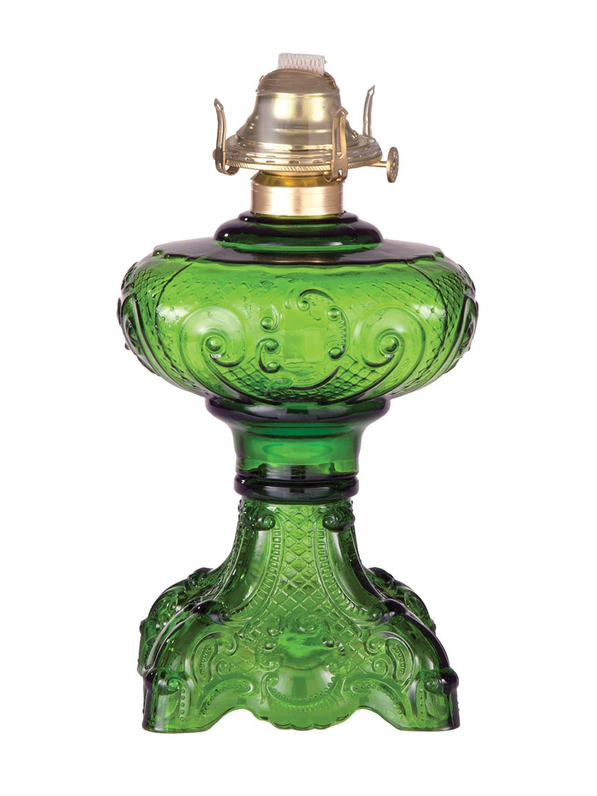 Dark Green Glass "Princess Feather" Oil Lamp Font w/High Quality Brass Burner (67508WB)
