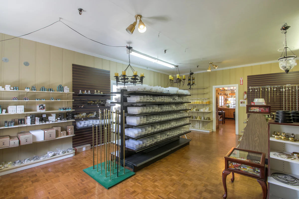 Lamp part display inside Antique Lamp Supply.