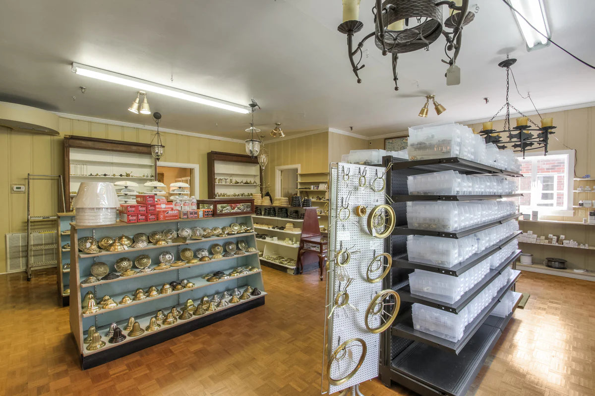 Lamp part display inside Antique Lamp Supply.