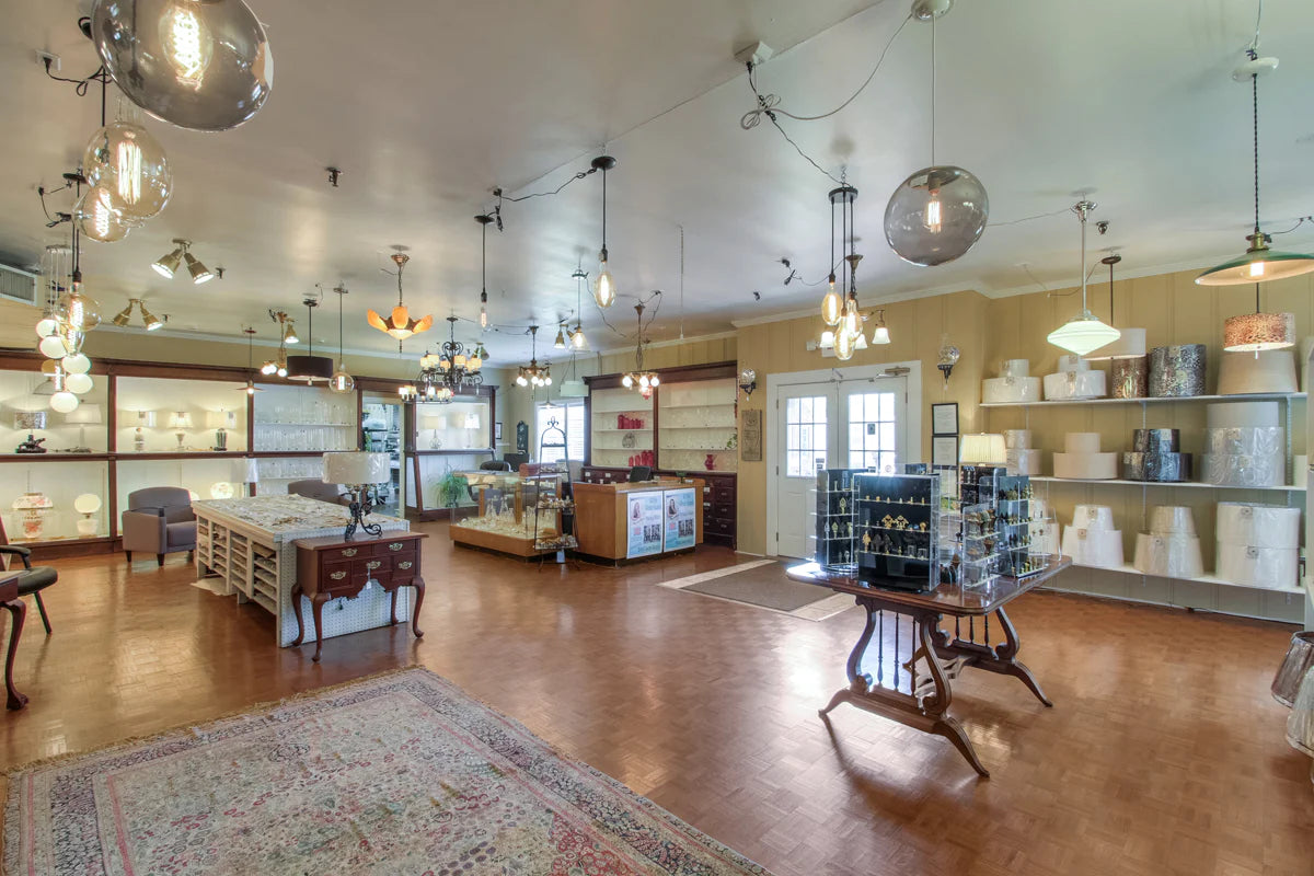 Lamp part display inside Antique Lamp Supply.