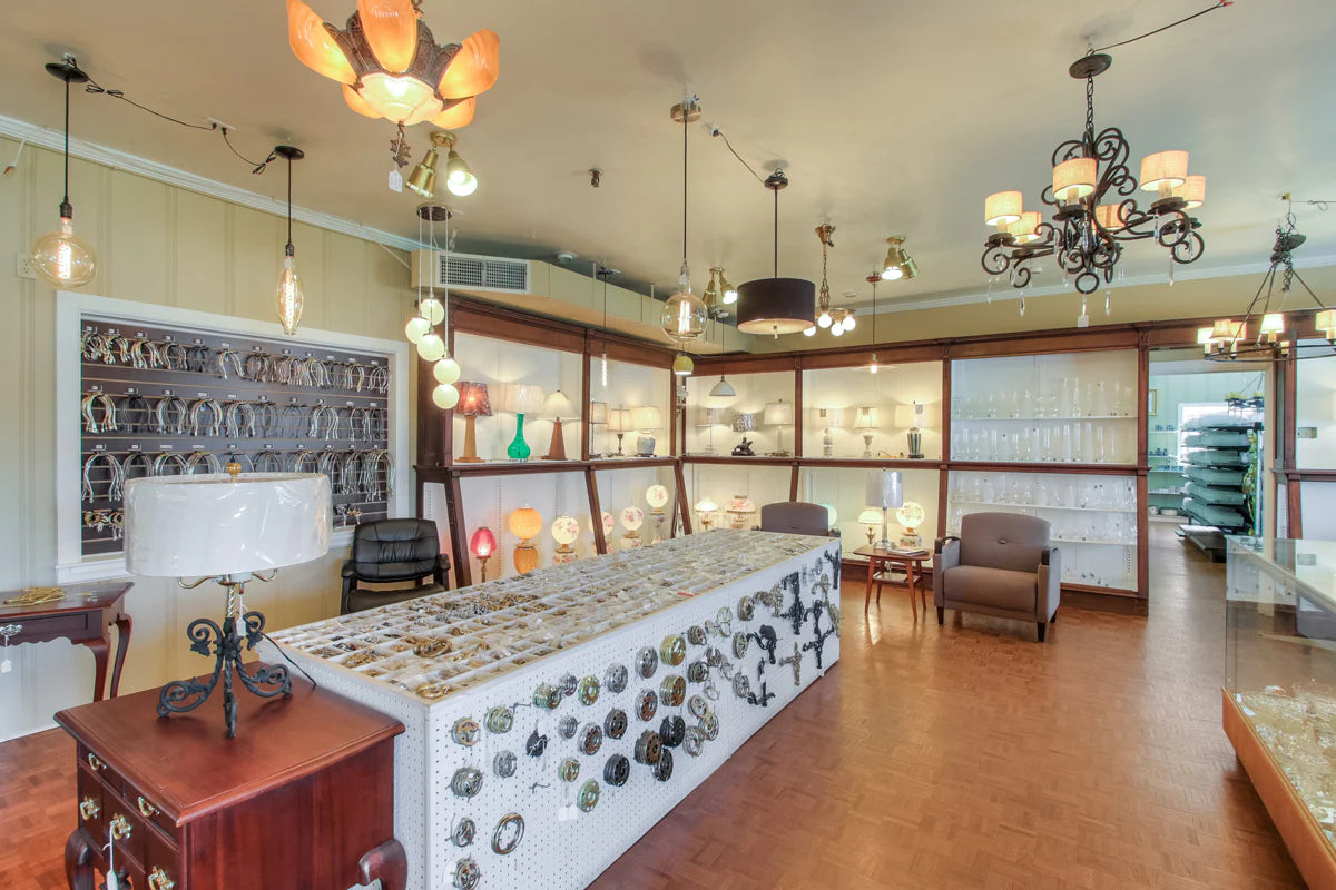 Lamp part display inside Antique Lamp Supply.