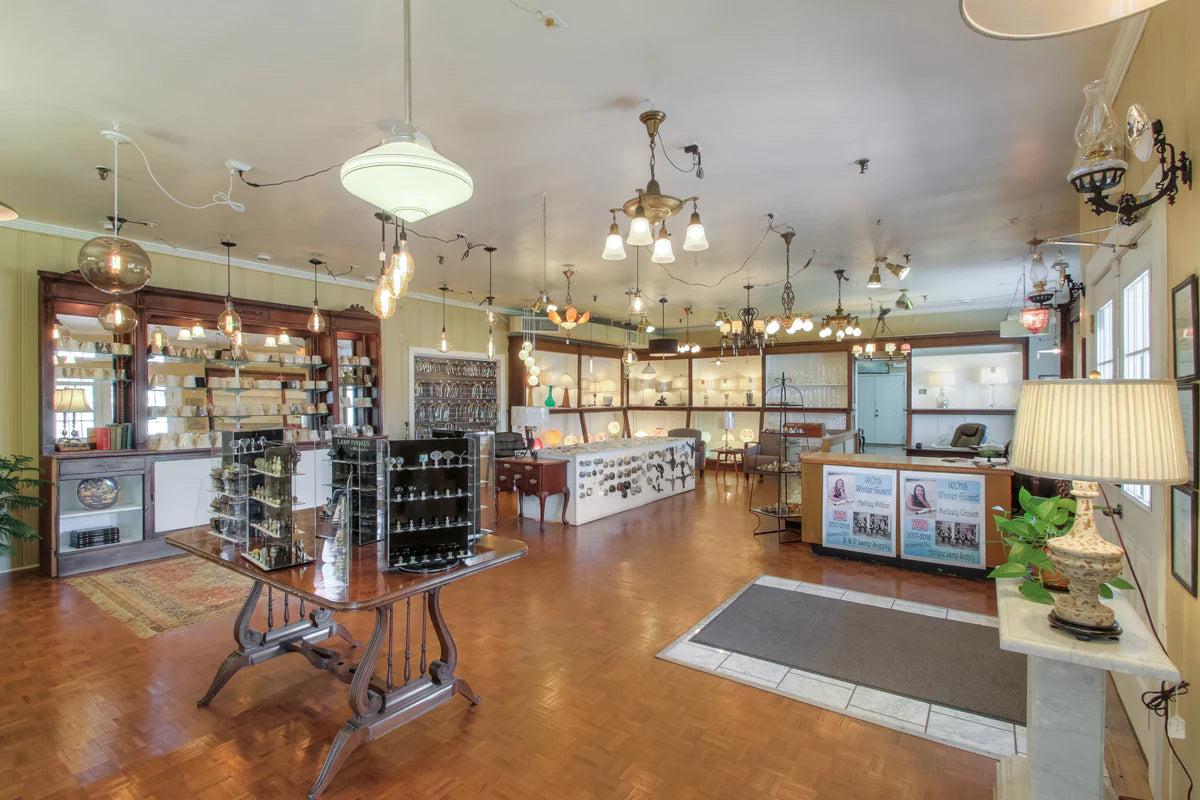 Lamp part display inside Antique Lamp Supply.