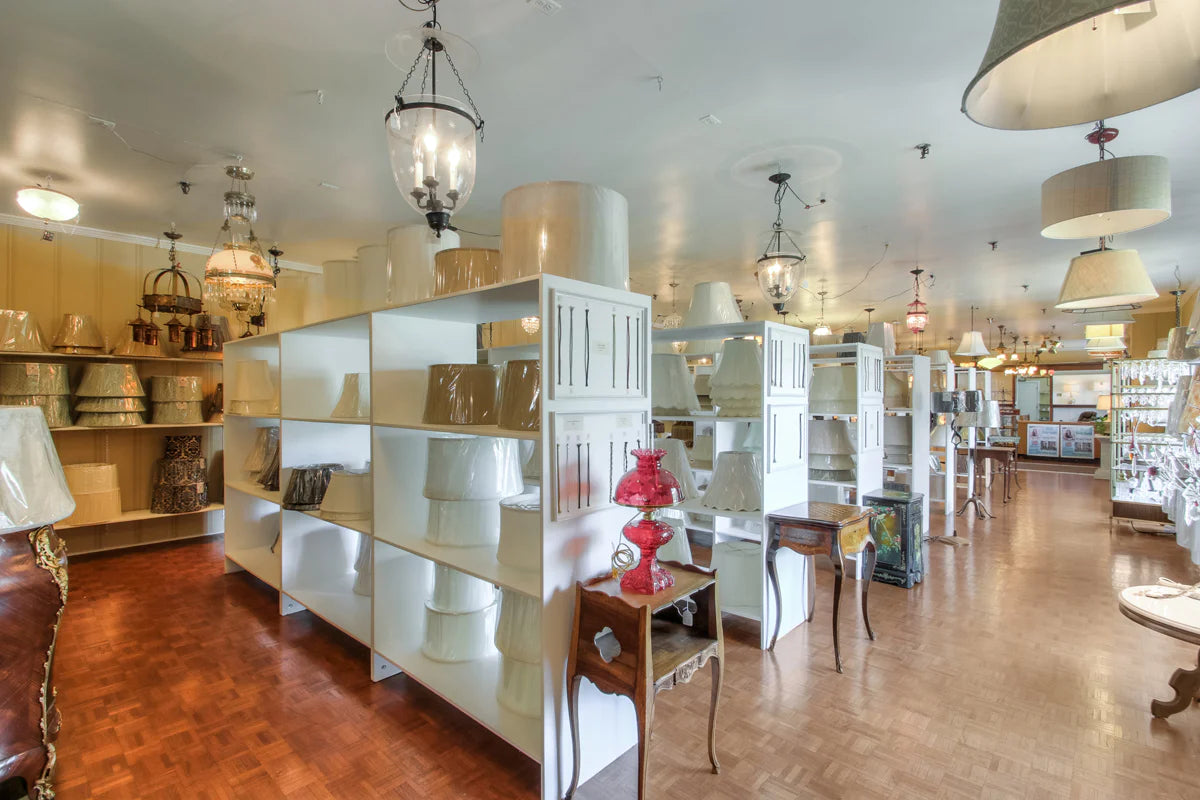 Lamp shade display at Antique Lamp Supply.