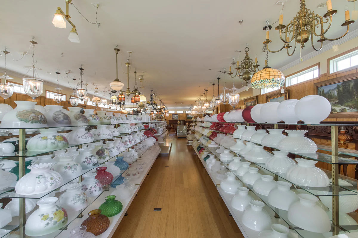 Glass Lamp shade display at Antique Lamp Supply.