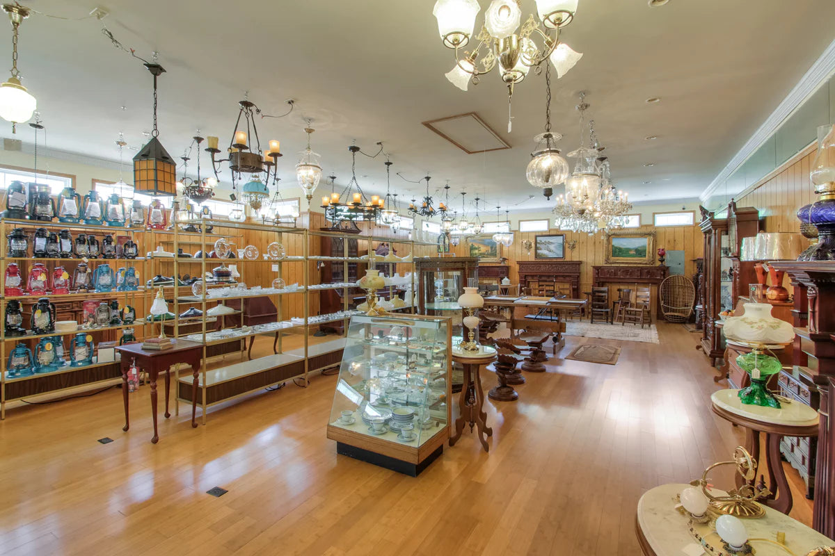 Oil Lamp display at Antique Lamp Supply.