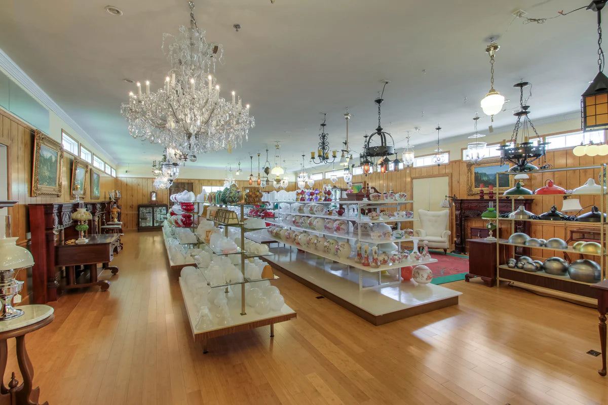 Lamp shade display at Antique Lamp Supply.