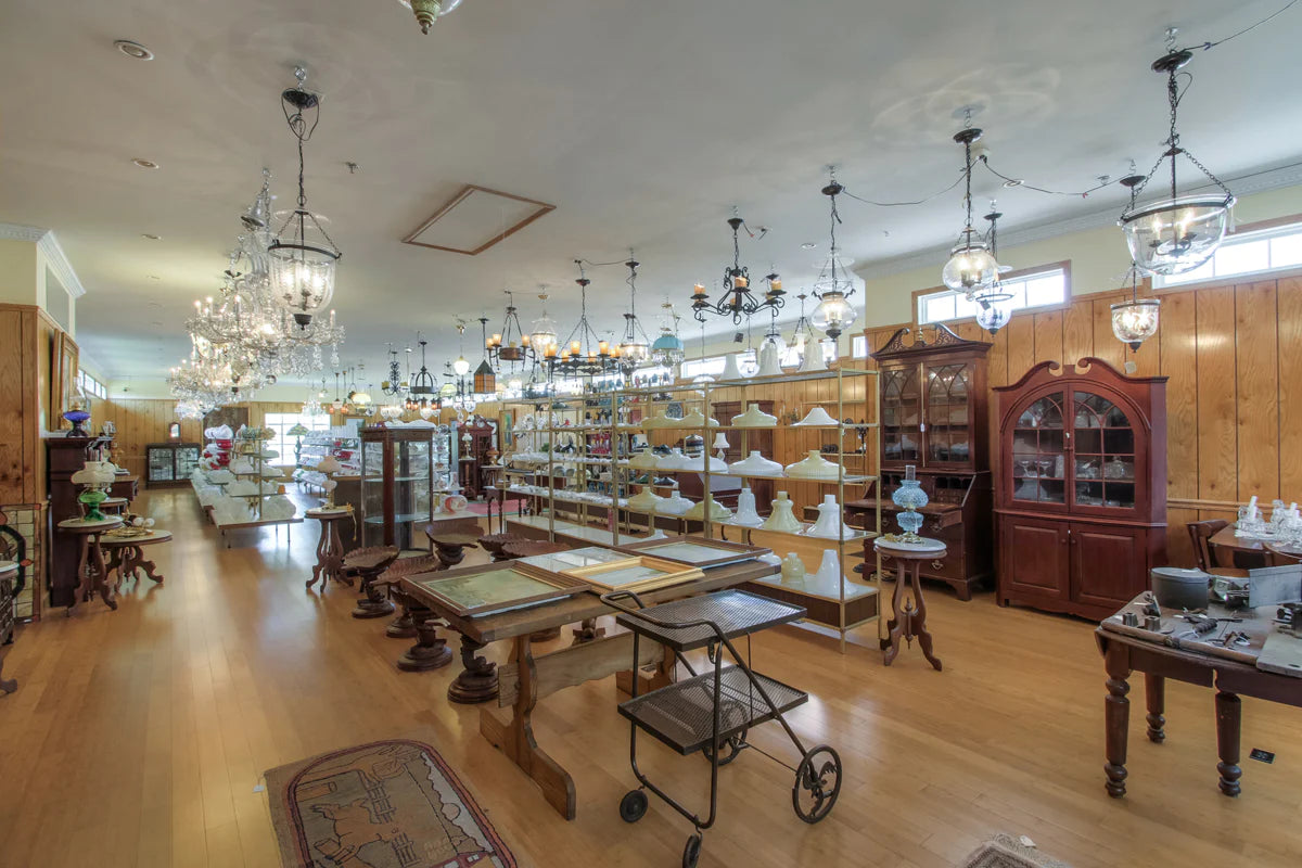 Lamp shade display at Antique Lamp Supply.