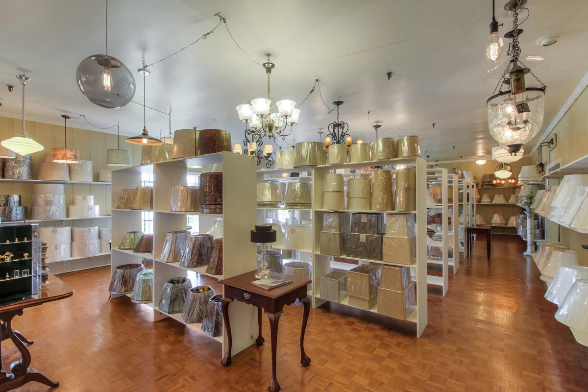 Lamp shade display at Antique Lamp Supply.