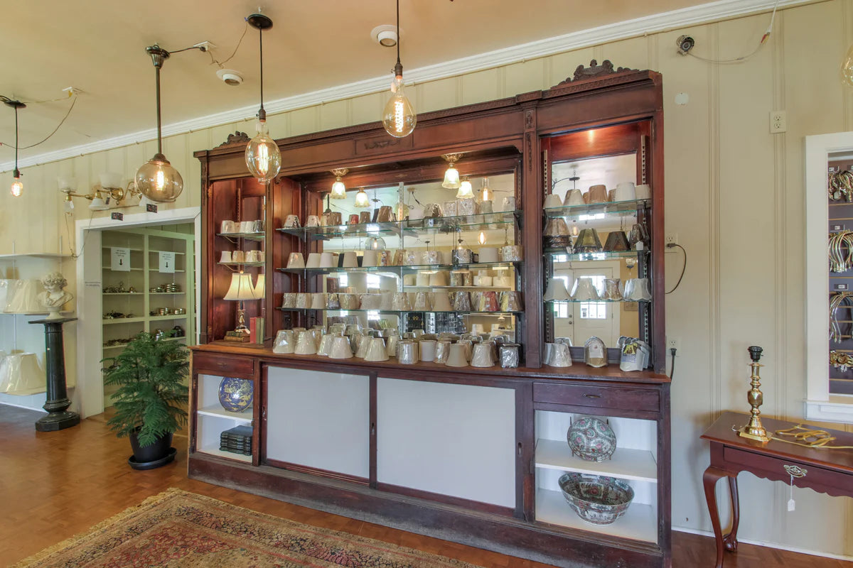 Image of lamp shade display at Antique Lamp Supply's showroom.