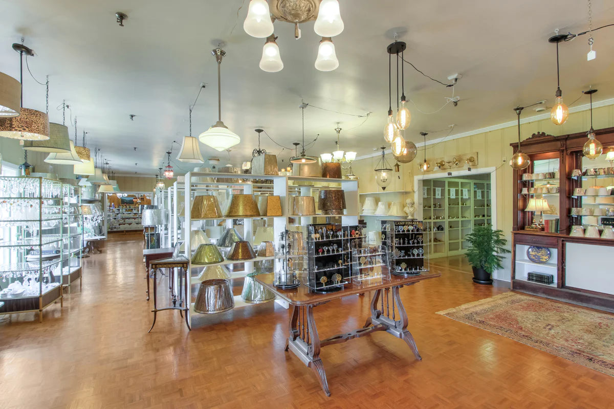 Lamp shade display at Antique Lamp Supply.