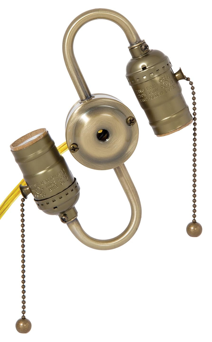 2-Light S-Type Antique Brass Finish Wired Steel Lamp Cluster w/Pull-Chain (E-26) Lamp Sockets, Choice of Tap