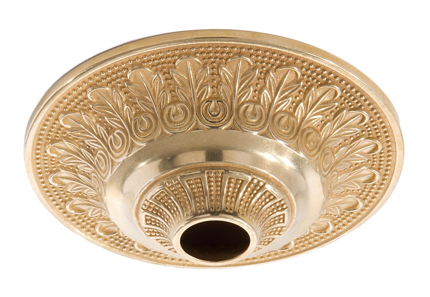 6" Dia., Die Cast Brass, Screw Collar Fixture Canopy, Center Hole Slips 1-1/16"