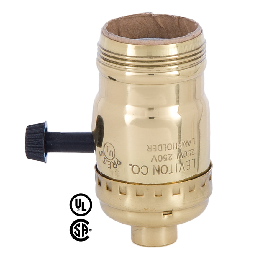 3-Way Light Socket (LEVITON), UNO Thread, Brass, Polished & Lacquered, NO SET SCREW