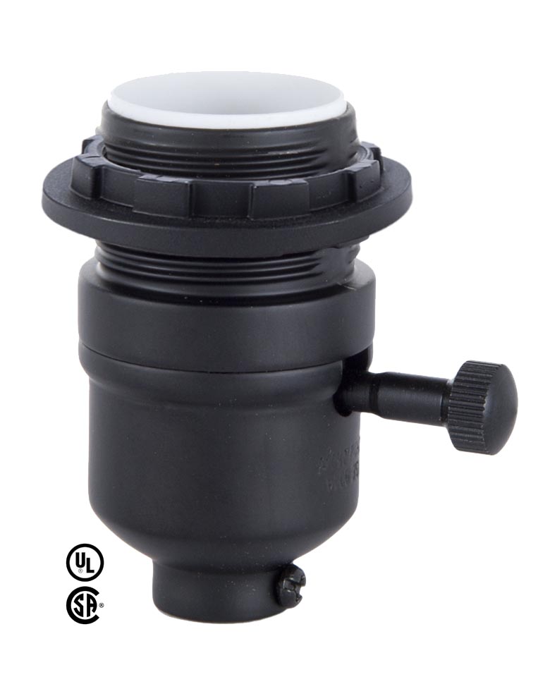 Modern Style On-Off Turn Knob Lamp Socket With Satin Black Finish and Threaded shell with ring