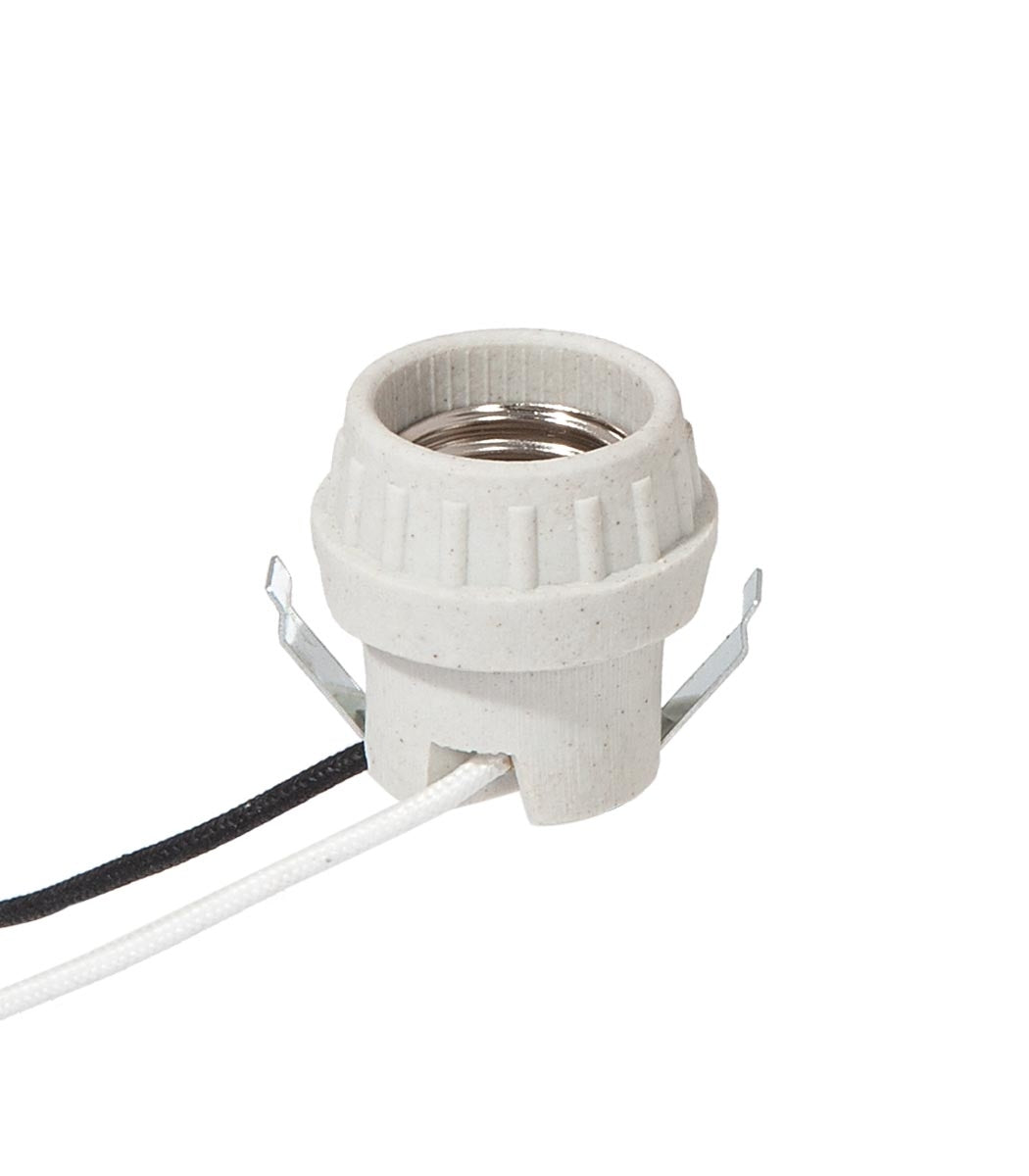 1-3/4 Inch Tall Keyless Unglazed Snap-In Porcelain E-26 Socket, 9 Inch Wire Leads, Screw Shell