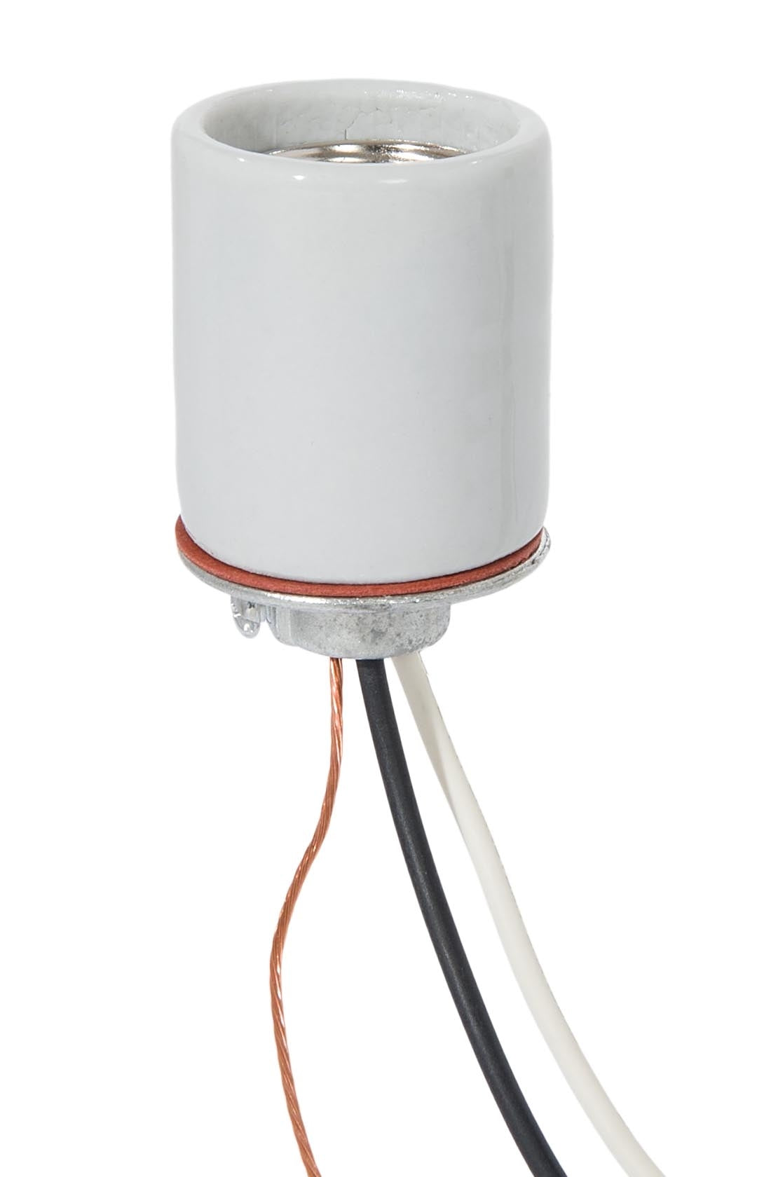 E-26 Keyless Glazed Porcelain Socket with 20" Wire Leads, Bare Ground Wire