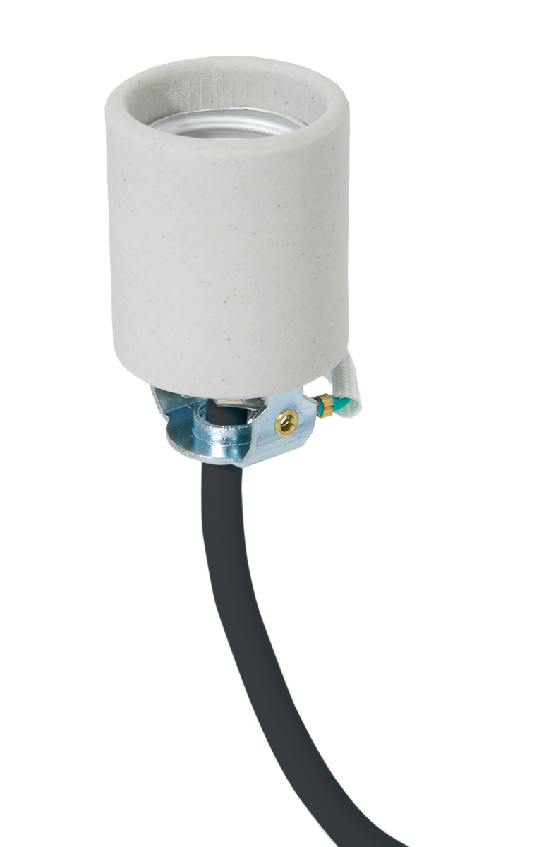 Black Cord E-26 Keyless Unglazed Porcelain Socket, U-Bracket Hickey with Strain Relief