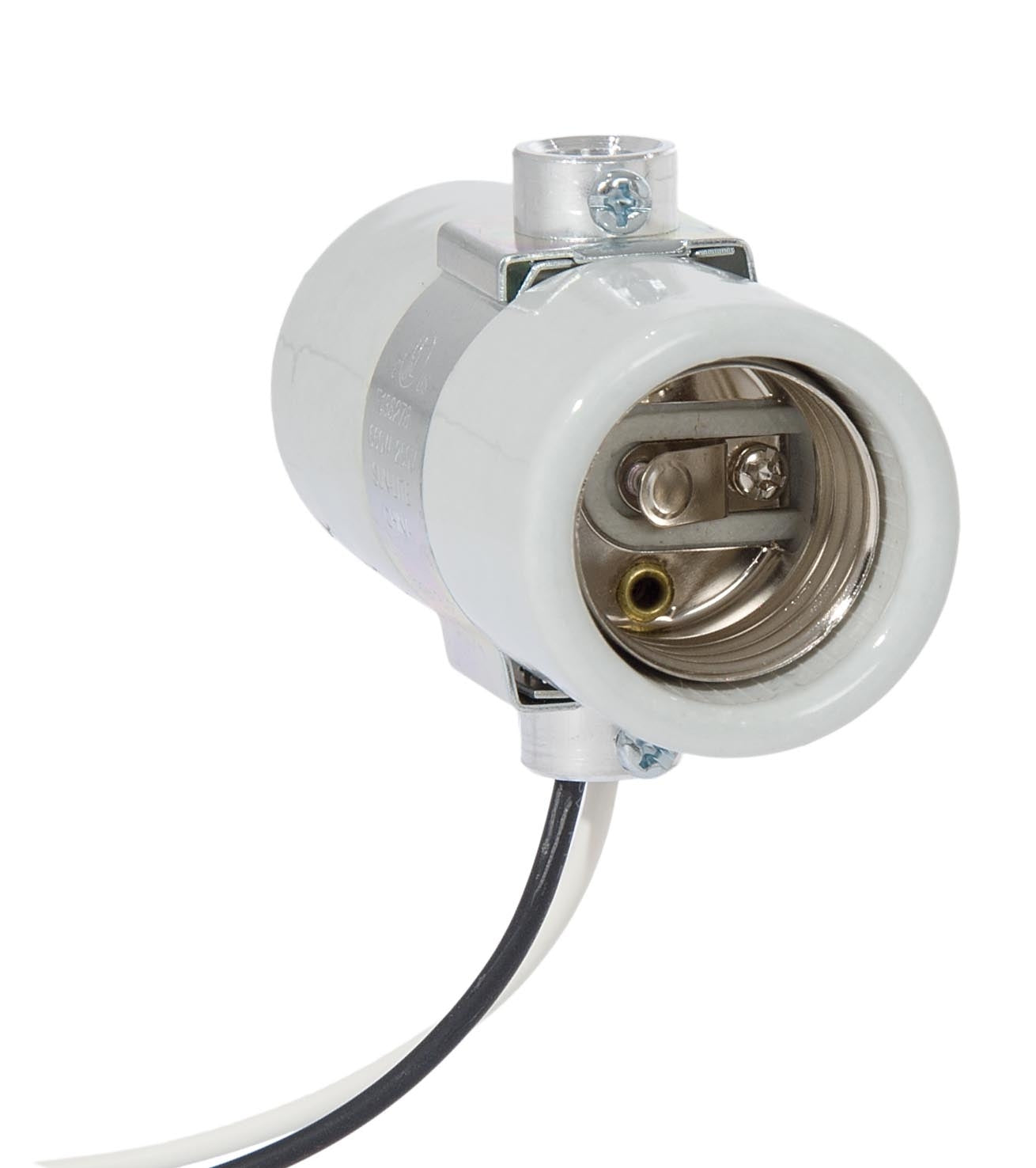 Twin E-26 Base Glazed Porcelain Socket with Double Brushing Strap, 24" Wire Leads