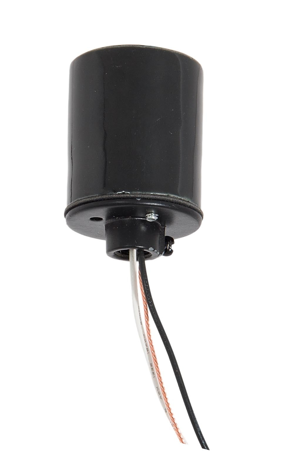 Keyless Glazed Black Porcelain E-26 Socket, Thin Wires, 1/8 IPS Metal Cap