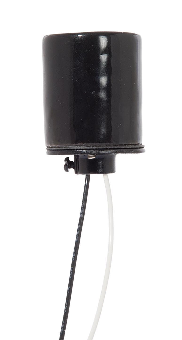 Keyless Glazed Black Porcelain E-26 Socket, 1/8IP Metal Cap, Choice of Wire Lead Length