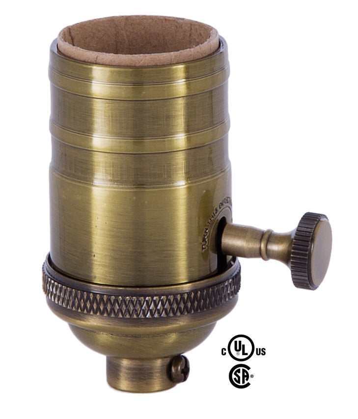 On-Off, Heavy Turned Brass Lamp Socket w/Brass Knob, Antique BRASS Finish, NO UNO