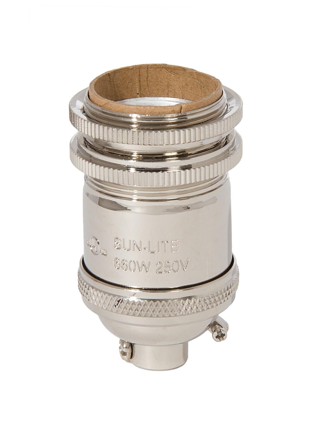 Polished Nickel Finish Sunlite Full Keyless Heavy Turned Brass Tall Socket with Ground Screw Terminal, 1/8IP