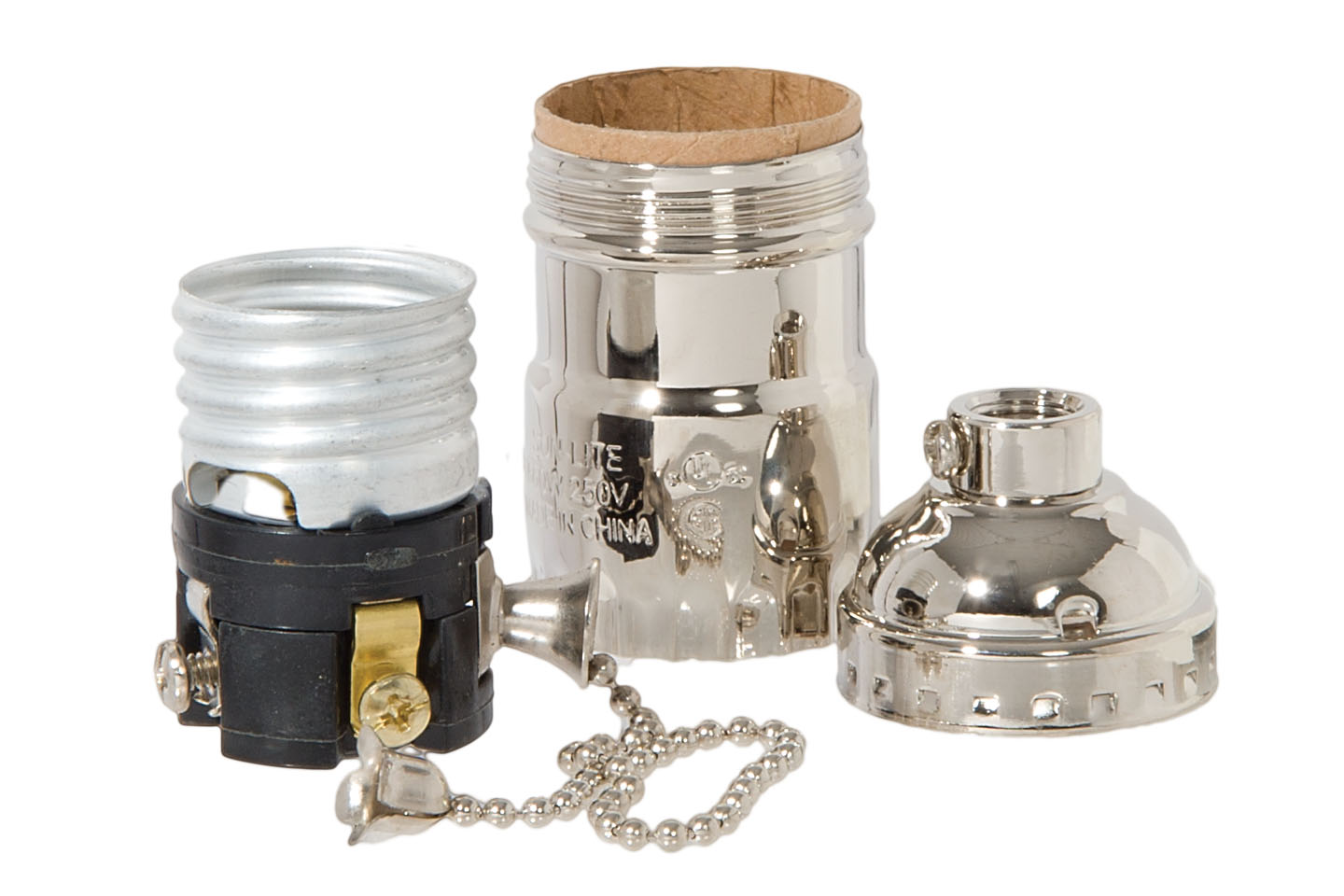 Nickel Plated Finish Brass Pull Chain Early Electric Style Lamp Socket, Pull Chain, On/Off function, UNO Thread