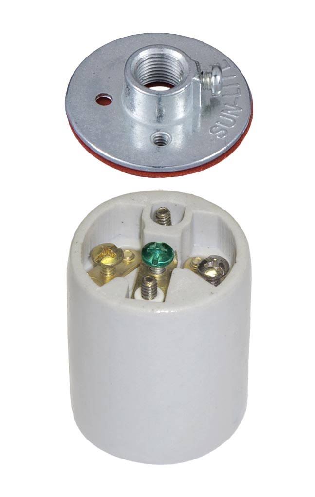 E-26 Keyless Porcelain Lamp Socket with Ground Screw and Metal Cap with 1/8 IPS Thread