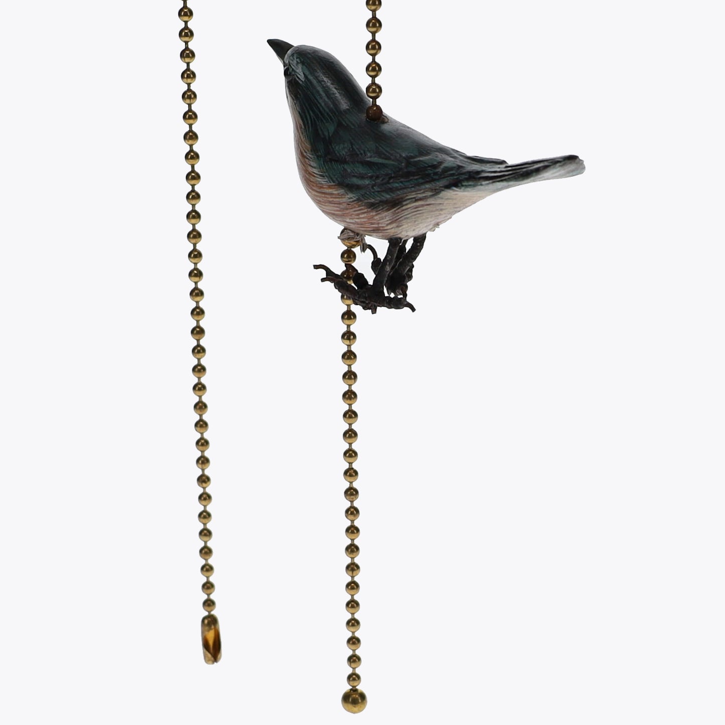 18" Length Brass Plated Pull Chain Tan, Blue, Grey Wooden Bird (15020)