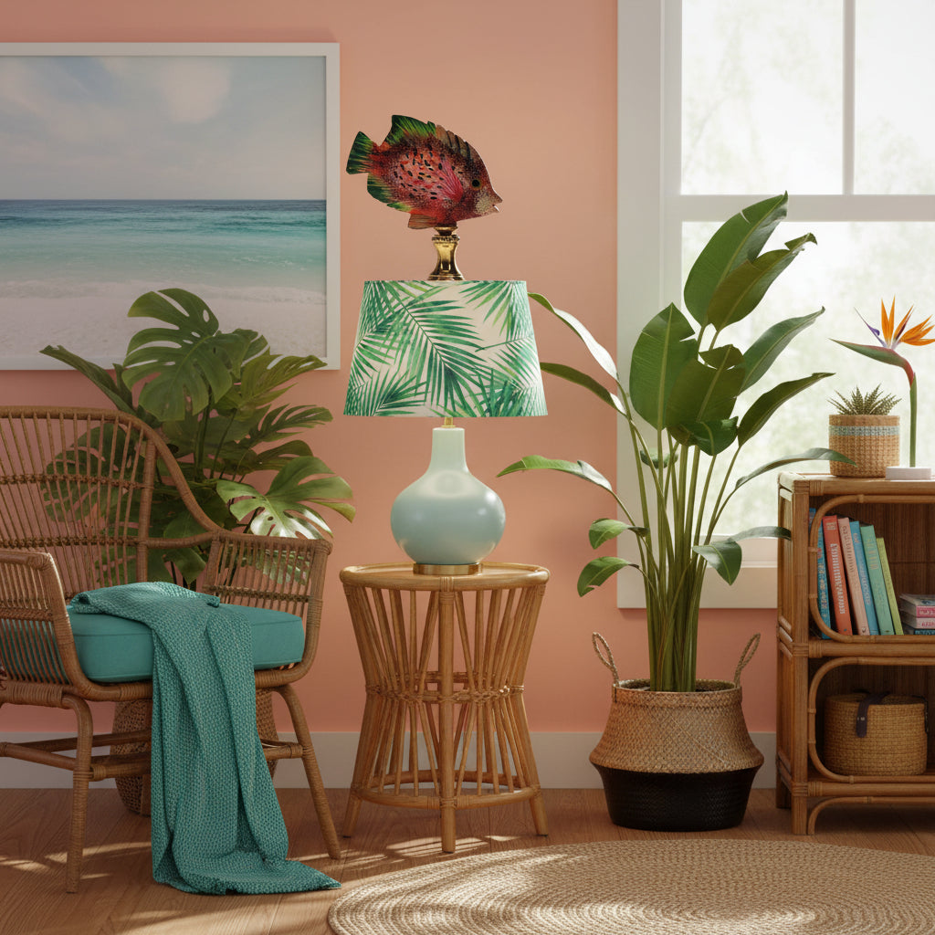 3" Tall Brass Finial Tropical Fish Pink, Red, Brown, Green 1/4-27F Tap (15106)