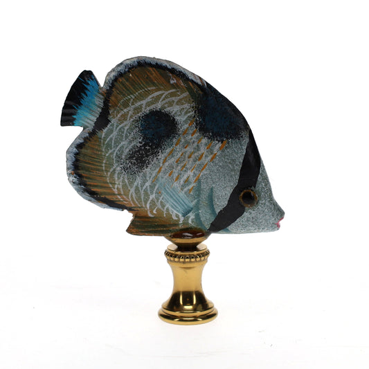 3" Tall Brass Finial Tropical Fish Blue, Black, Brown, Tan 1/4-27F Tap (15107)