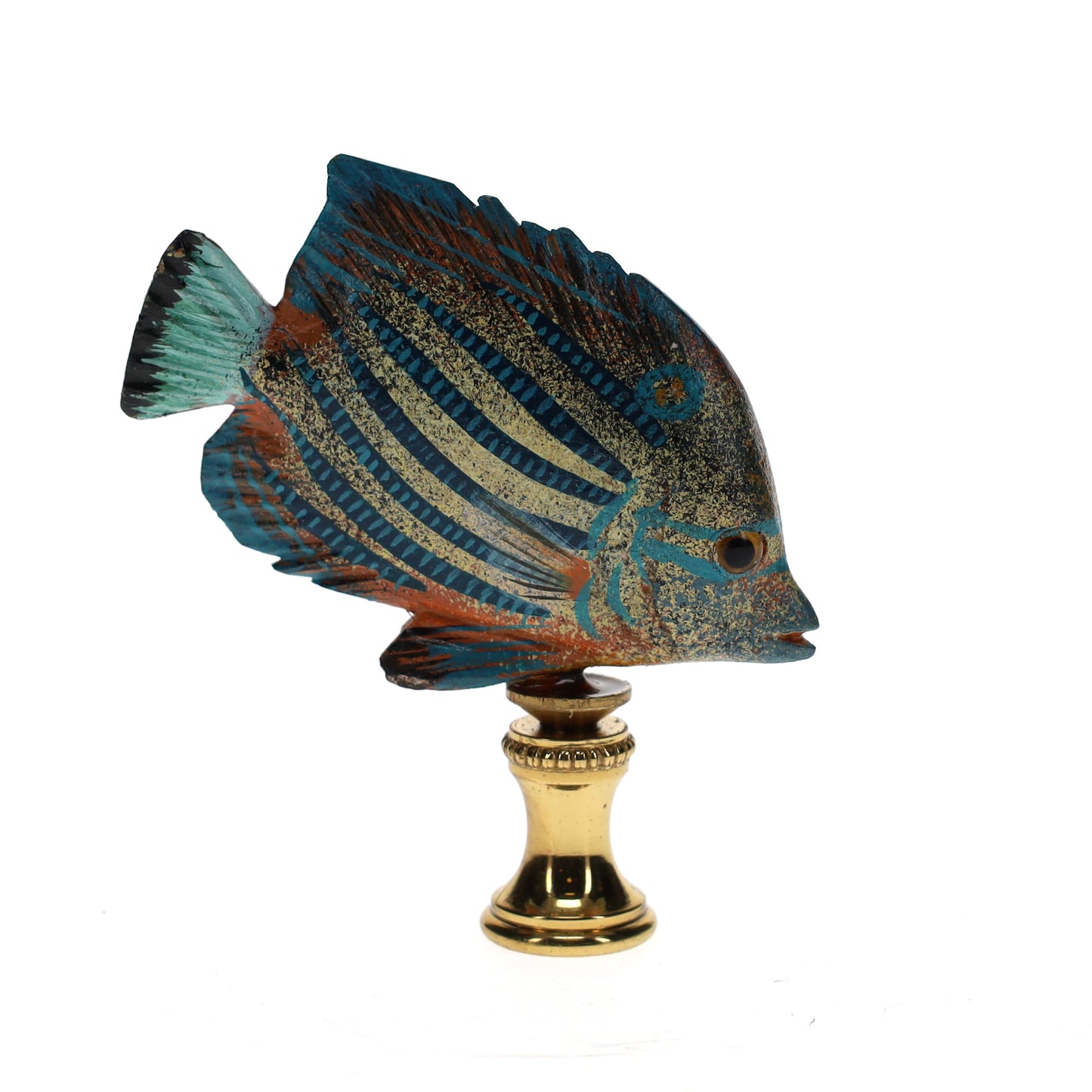 3" Tall Brass Finial Tropical Fish Blue Stripes, Ivory, Brown, Tan 1/4-27F Tap (15108)