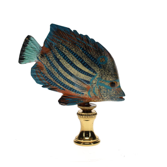 3" Tall Brass Finial Tropical Fish Blue Stripes, Ivory, Brown, Tan 1/4-27F Tap (15108)