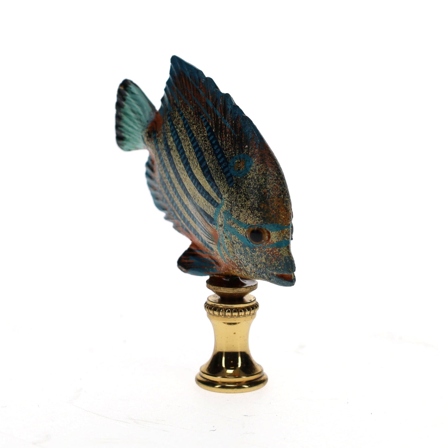 3" Tall Brass Finial Tropical Fish Blue Stripes, Ivory, Brown, Tan 1/4-27F Tap (15108)