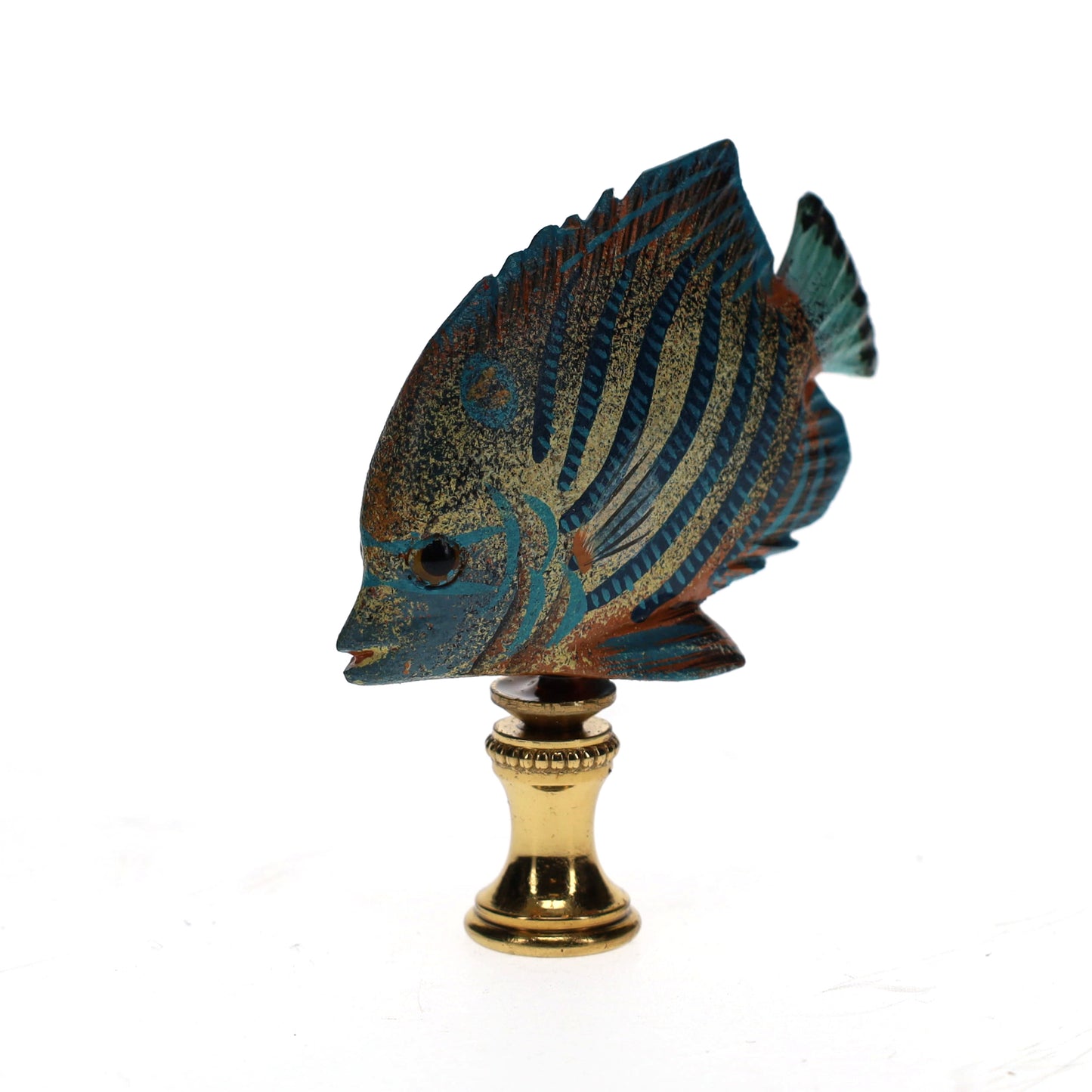 3" Tall Brass Finial Tropical Fish Blue Stripes, Ivory, Brown, Tan 1/4-27F Tap (15108)