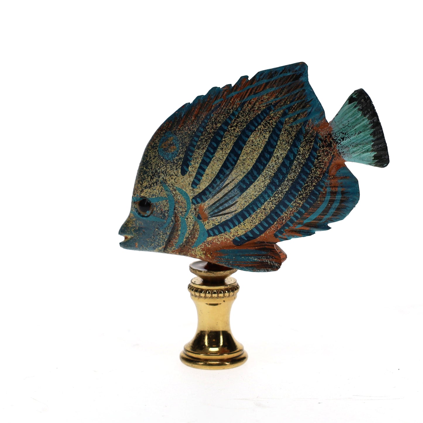 3" Tall Brass Finial Tropical Fish Blue Stripes, Ivory, Brown, Tan 1/4-27F Tap (15108)