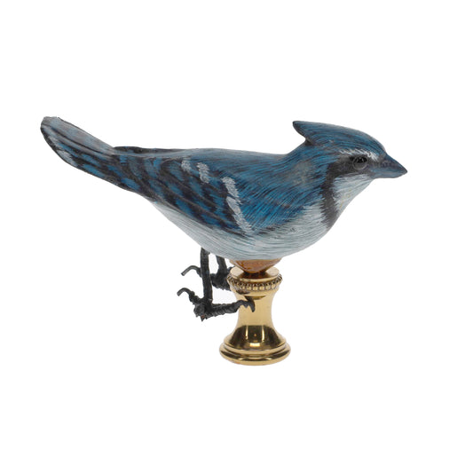 2" Tall Brass Finial Wooden Bird Blue Jay, Grey, Black 1/4-27F Tap (15117)