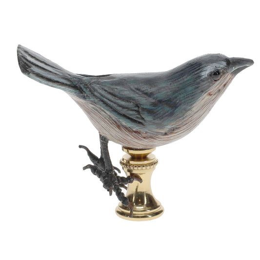 2" Tall Brass Finial Wooden Bird Blue, Brown, Grey, White 1/4-27F Tap (15119)