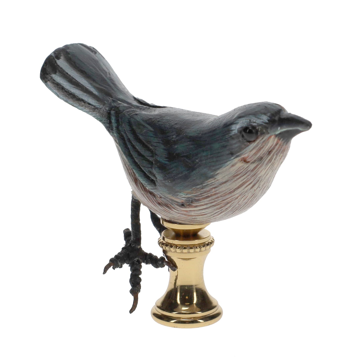 2" Tall Brass Finial Wooden Bird Blue, Brown, Grey, White 1/4-27F Tap (15119)