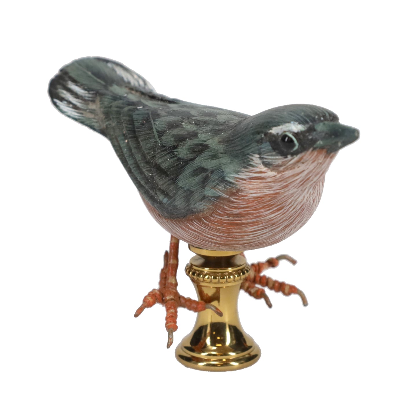 2" Tall Brass Finial Wooden Bird Blue, Brown, Grey, White 1/4-27F Tap (15119B)