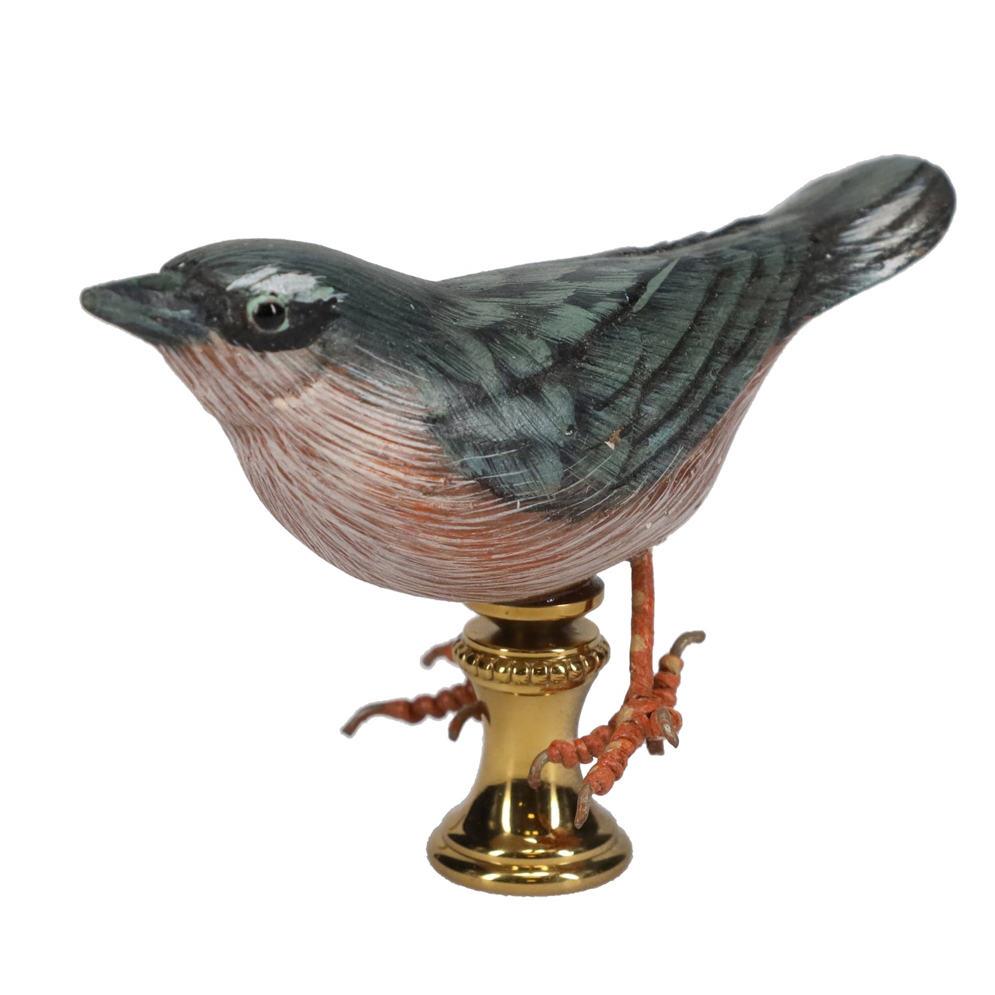 2" Tall Brass Finial Wooden Bird Blue, Brown, Grey, White 1/4-27F Tap (15119B)