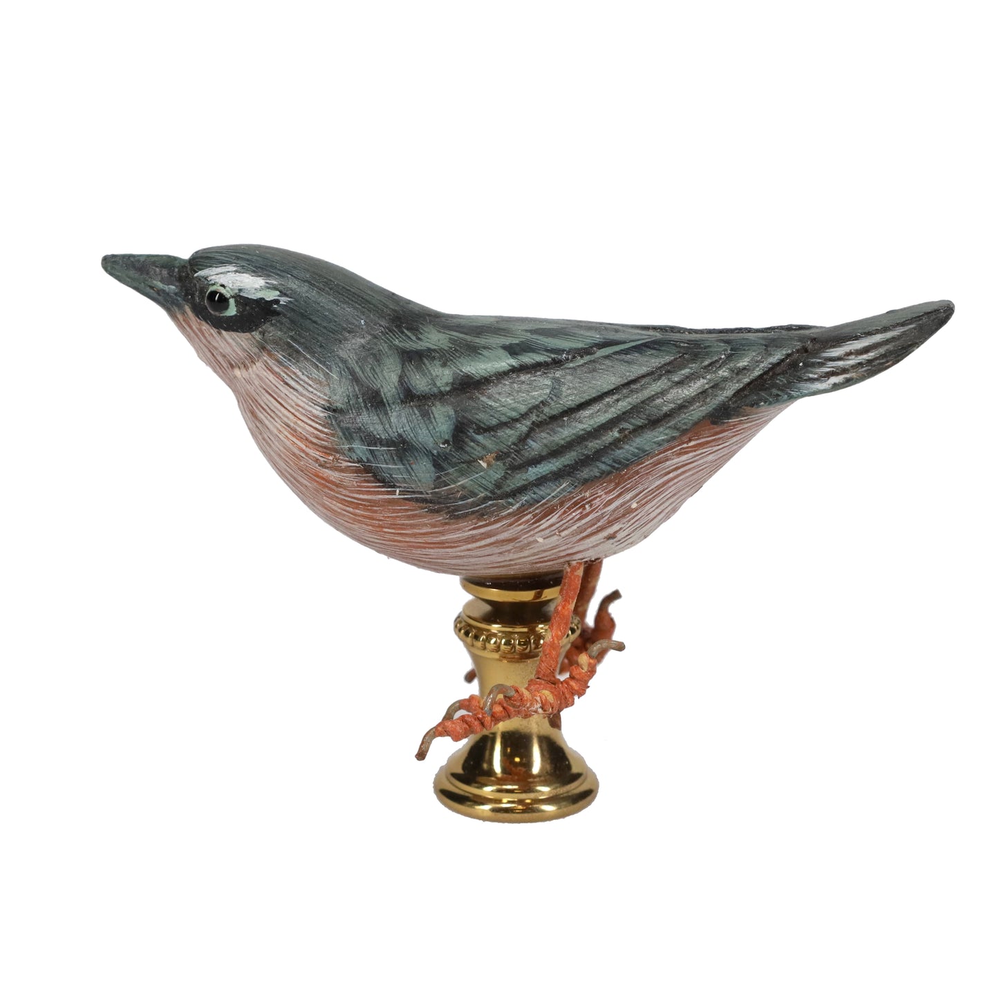 2" Tall Brass Finial Wooden Bird Blue, Brown, Grey, White 1/4-27F Tap (15119B)