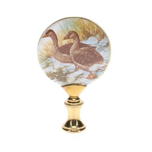 2-7/8" Tall Brass Finial, Picture of Ducks, Ceramic, 1/4-27F Tap (15133)