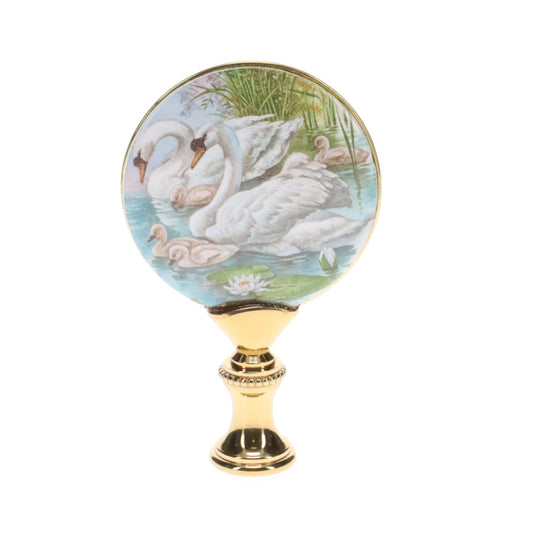 2-7/8" Tall Brass Finial, Picture of Swans, Ceramic, 1/4-27F Tap (15135)